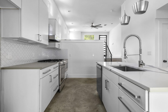 kitchen with white cabinets, appliances with stainless steel finishes, wall chimney exhaust hood, sink, and ceiling fan