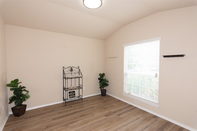 unfurnished room with hardwood / wood-style flooring, lofted ceiling, and a wealth of natural light