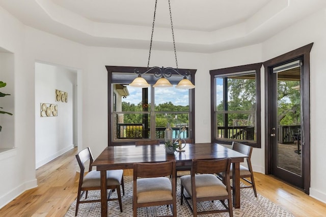 dining space with baseboards, light wood-type flooring, and a tray ceiling