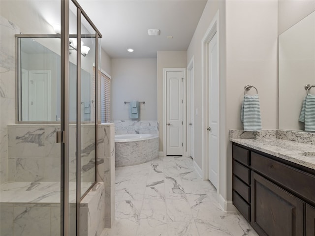 bathroom with vanity, marble finish floor, a closet, a marble finish shower, and a bath