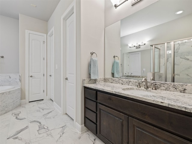 full bath featuring a marble finish shower, a closet, marble finish floor, and vanity