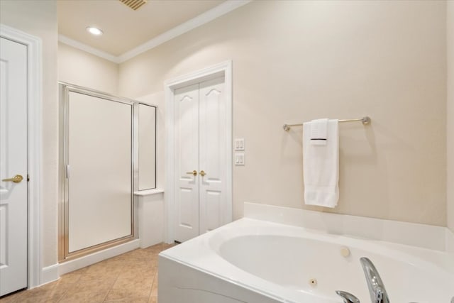 bathroom with shower with separate bathtub, crown molding, and tile patterned flooring