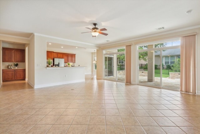 unfurnished living room featuring light tile patterned flooring, crown molding, and ceiling fan