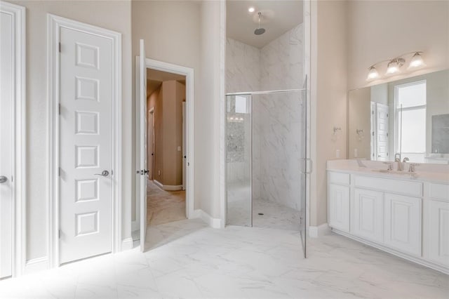 bathroom featuring vanity, walk in shower, and tile patterned floors