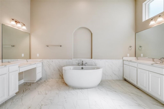 bathroom with tile patterned flooring, tile walls, and double vanity