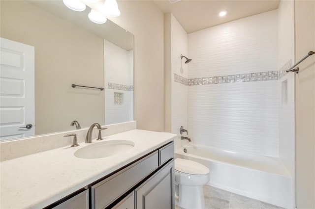 full bathroom with vanity, shower / washtub combination, toilet, and tile patterned floors