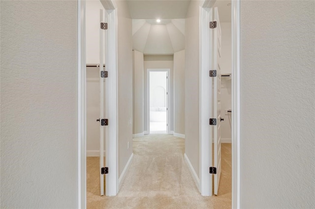 hall featuring light colored carpet