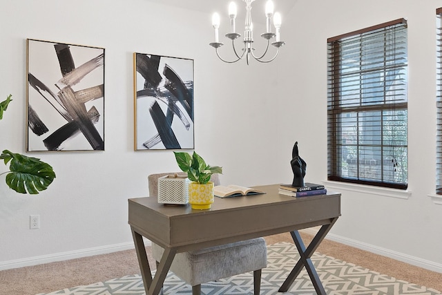 carpeted office with a chandelier