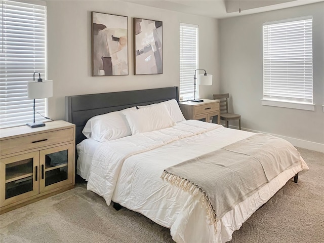 bedroom with multiple windows and light carpet