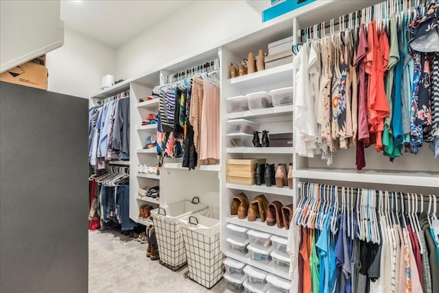 walk in closet with light carpet