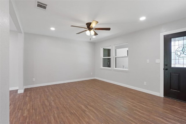 1505 Old Marion Rd, New Braunfels, TX 78130 - entryway featuring a ceiling fan, wood finished floors, and visible vents