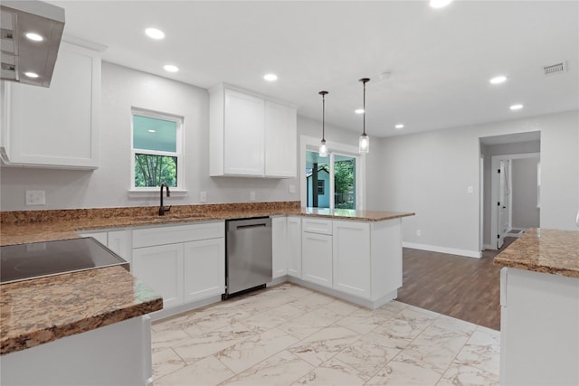 kitchen with hanging light fixtures, light wood-type flooring, sink, exhaust hood, and dishwasher