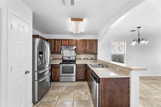 kitchen featuring kitchen peninsula, appliances with stainless steel finishes, sink, decorative light fixtures, and an inviting chandelier