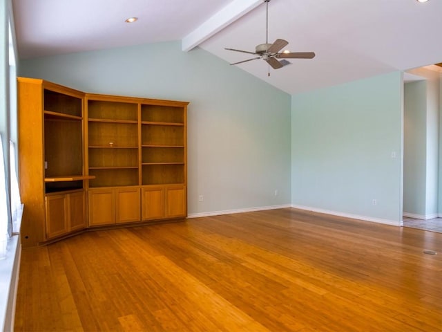 unfurnished living room featuring light wood-style floors, vaulted ceiling with beams, ceiling fan, and baseboards
