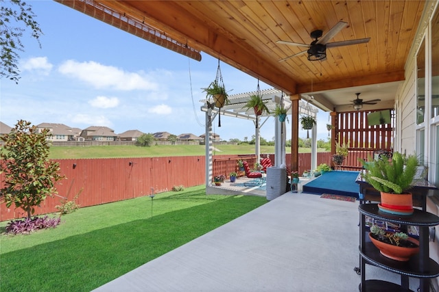 view of patio featuring a fenced backyard, a residential view, and a ceiling fan