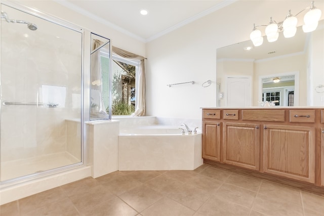 bathroom featuring vanity, tile patterned flooring, independent shower and bath, and ornamental molding