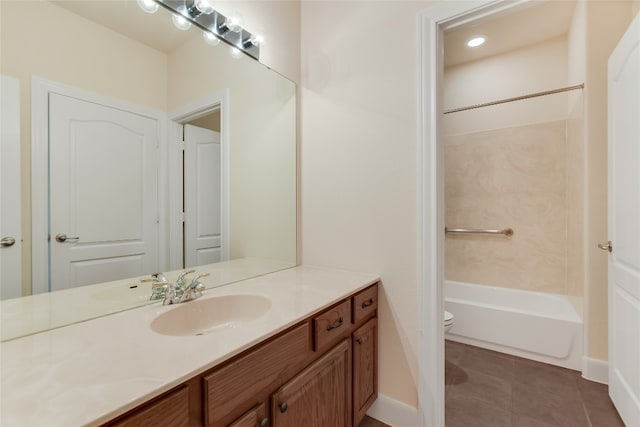 full bathroom with vanity, toilet, tile patterned flooring, and bathtub / shower combination