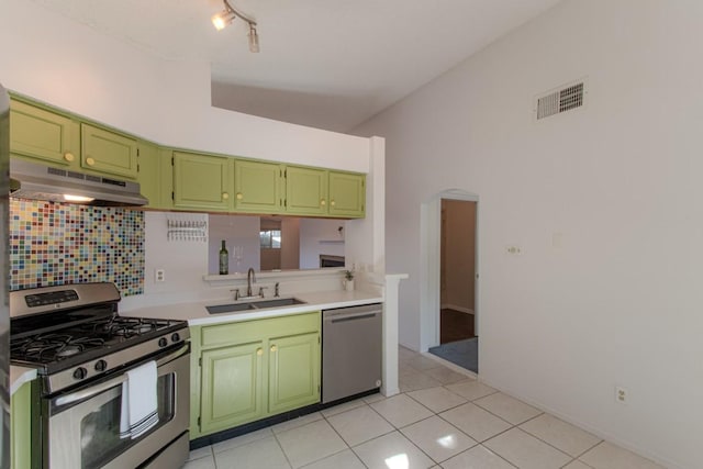 kitchen featuring sink, backsplash, stainless steel appliances, and green cabinetry