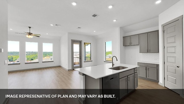 kitchen with a kitchen island with sink, light hardwood / wood-style flooring, plenty of natural light, and sink