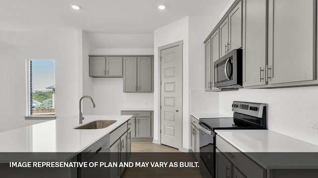 kitchen with gray cabinets, an island with sink, stainless steel appliances, wood-type flooring, and sink