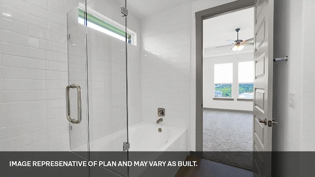 bathroom with ceiling fan, shower with separate bathtub, and a healthy amount of sunlight