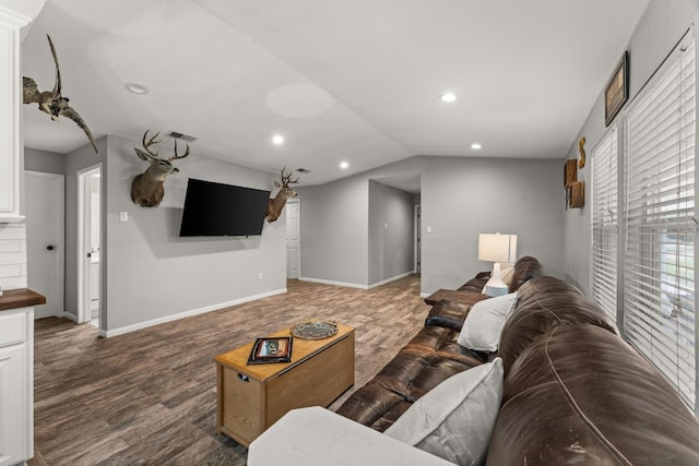 living room featuring vaulted ceiling and hardwood / wood-style floors