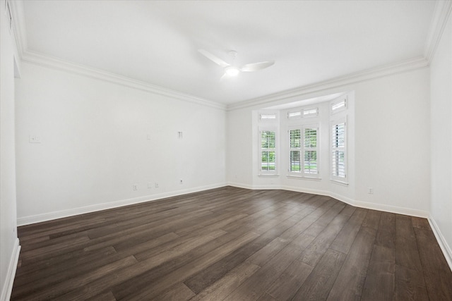 unfurnished room featuring ceiling fan, dark hardwood / wood-style flooring, and ornamental molding