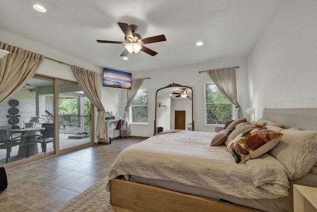tiled bedroom with access to exterior, multiple windows, a ceiling fan, and recessed lighting