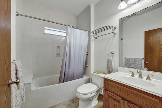 full bath with tile patterned flooring, toilet, vanity, visible vents, and shower / bathtub combination with curtain