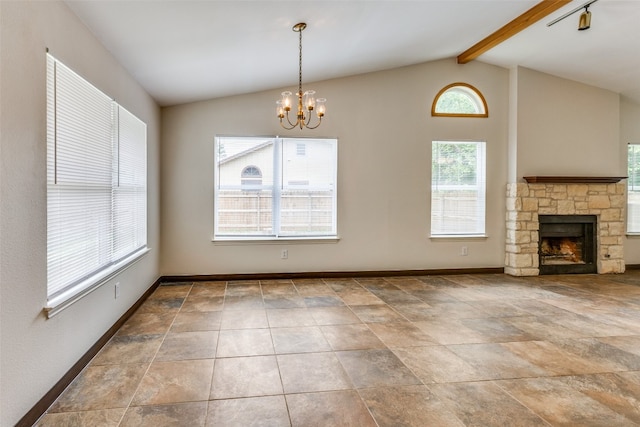 unfurnished living room with a fireplace, tile patterned floors, vaulted ceiling with beams, and a chandelier