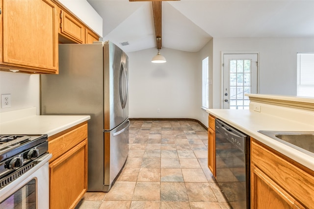 kitchen featuring lofted ceiling with beams, stainless steel fridge, pendant lighting, light tile patterned flooring, and dishwasher