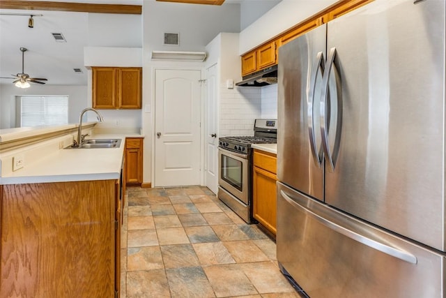 kitchen with sink, kitchen peninsula, ceiling fan, stainless steel appliances, and decorative backsplash