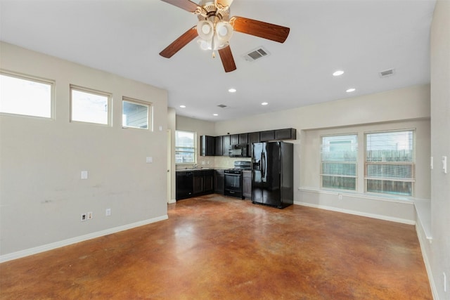 kitchen with concrete flooring, backsplash, ceiling fan, and black appliances