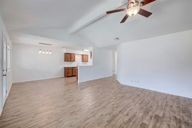 unfurnished living room featuring sink, light hardwood / wood-style flooring, lofted ceiling with beams, and ceiling fan