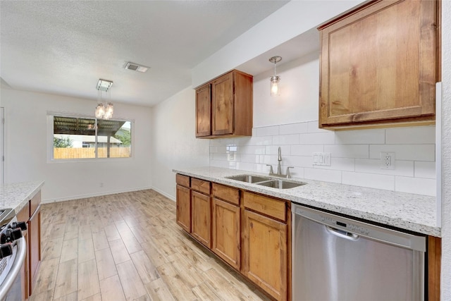 kitchen with stainless steel appliances, hanging light fixtures, sink, and backsplash