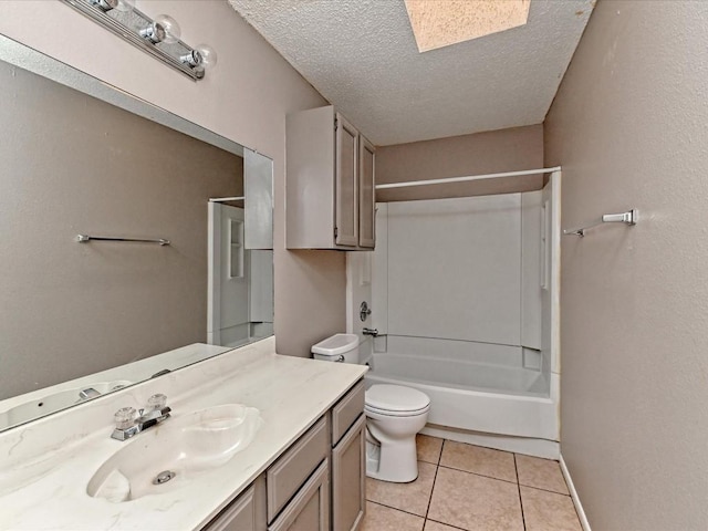 full bathroom with toilet, a textured ceiling, shower / tub combination, vanity, and tile patterned flooring