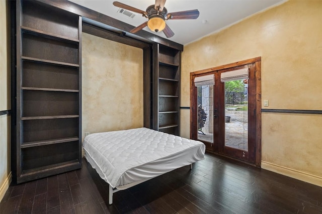 201 Cowal Dr N, Spicewood, TX 78669 - bedroom featuring baseboards, access to exterior, dark wood finished floors, french doors, and a ceiling fan