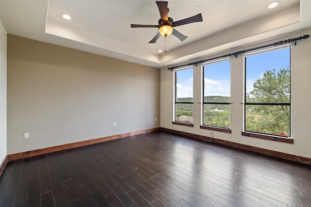 201 Cowal Dr N, Spicewood, TX 78669 - unfurnished room featuring a raised ceiling, baseboards, recessed lighting, a ceiling fan, and dark wood-style flooring