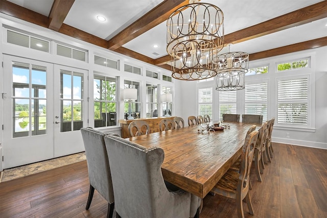 dining space featuring french doors, dark wood-type flooring, beamed ceiling, and a chandelier