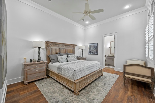 bedroom featuring ceiling fan, dark hardwood / wood-style floors, ensuite bathroom, and ornamental molding