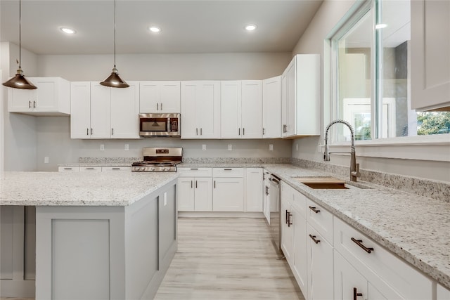 kitchen featuring hanging light fixtures, light hardwood / wood-style floors, white cabinets, and stainless steel appliances