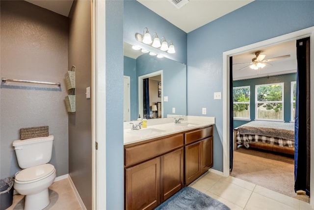 bathroom with toilet, vanity, tile patterned floors, and ceiling fan