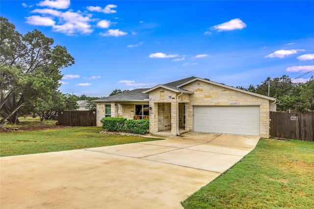 20400 Bear Rd, Lago Vista, TX 78645 - ranch-style home with stone siding, a garage, driveway, and fence