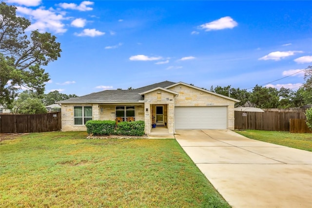 20400 Bear Rd, Lago Vista, TX 78645 - ranch-style home featuring stone siding, an attached garage, concrete driveway, and roof with shingles