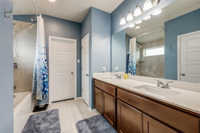 20400 Bear Rd, Lago Vista, TX 78645 - full bathroom with tile patterned flooring, double vanity, and shower / bath combination with curtain
