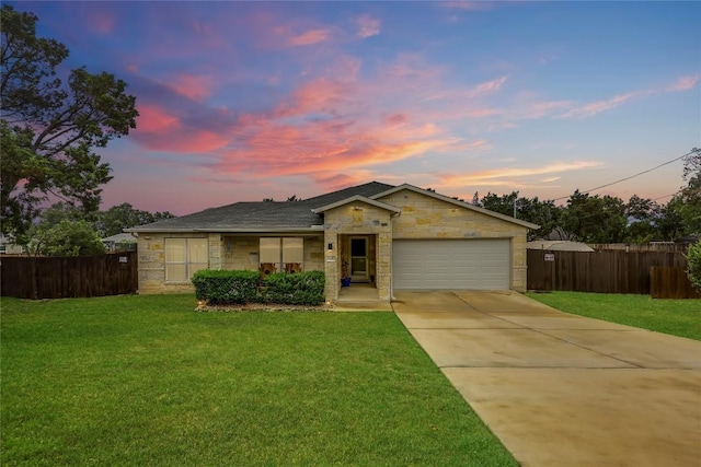 20400 Bear Rd, Lago Vista, TX 78645 - view of front of house with stone siding, a garage, driveway, and fence