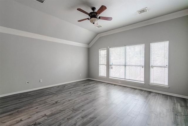 6 Muirfield Greens Cv, Lakeway, TX 78738 - spare room featuring ceiling fan, lofted ceiling, baseboards, crown molding, and dark wood finished floors