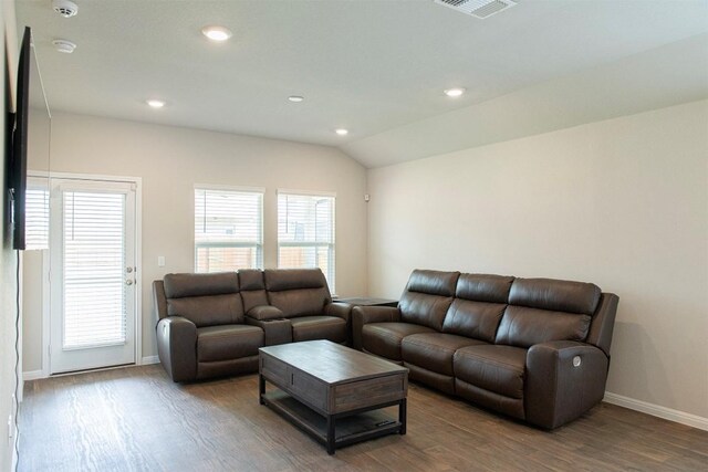 living room with wood-type flooring and lofted ceiling