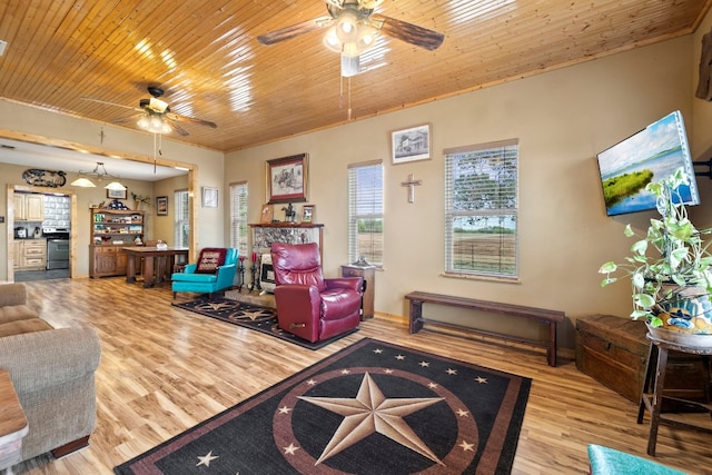 living room featuring wooden ceiling, ceiling fan, and light hardwood / wood-style floors