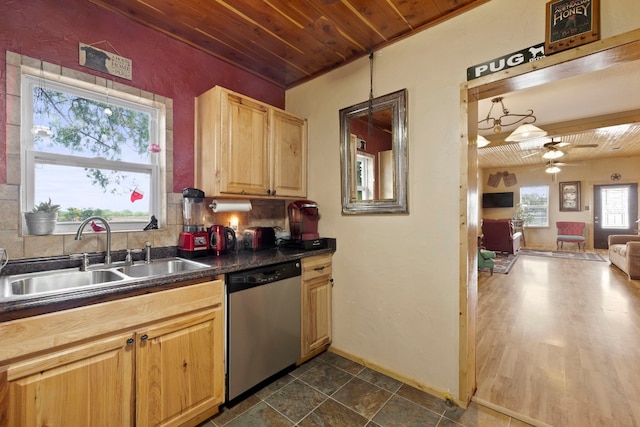 kitchen with ceiling fan, backsplash, sink, and stainless steel dishwasher